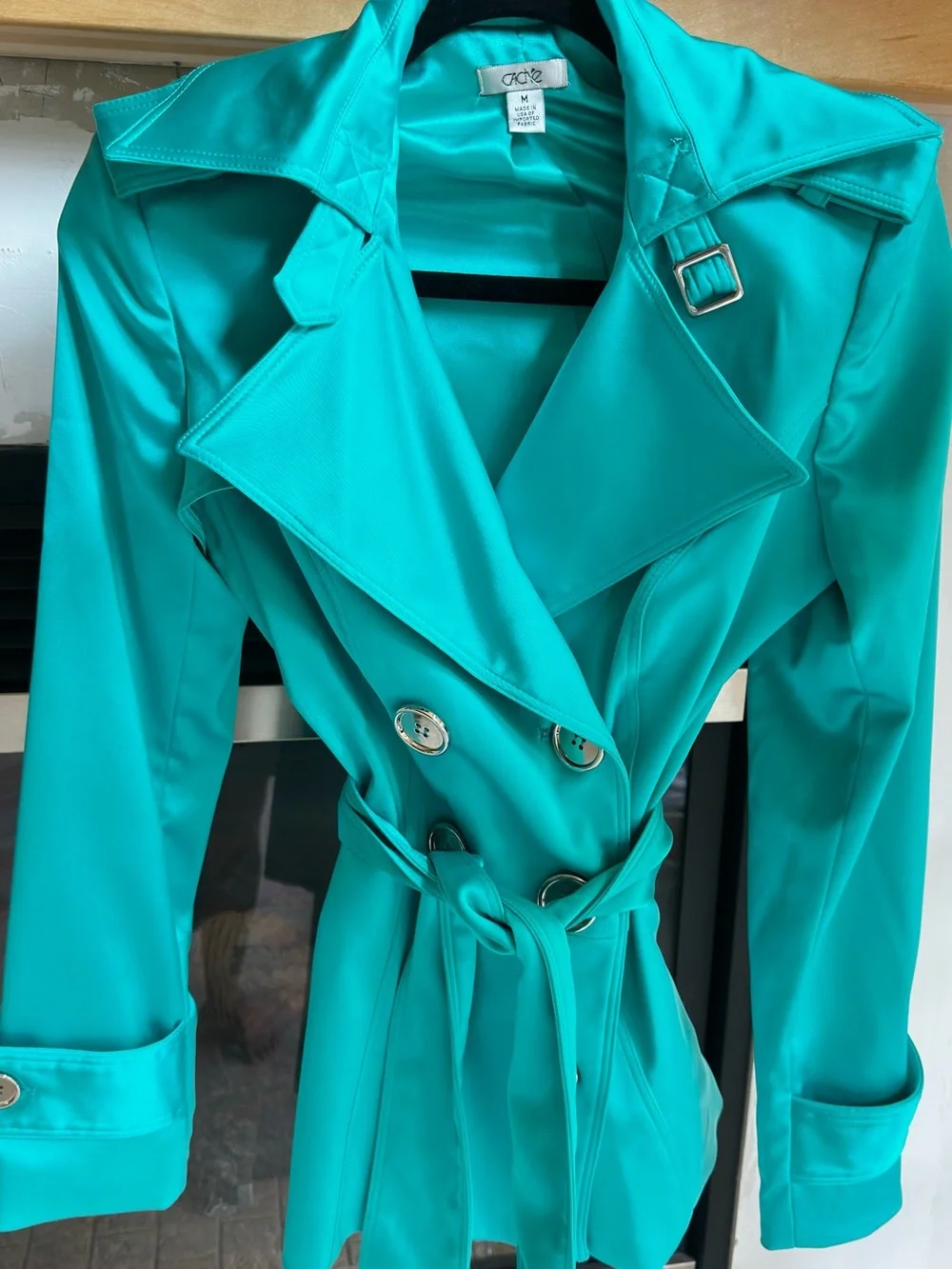 Cache Turquoisey Green Double-Breasted Trench Coat Medium Vintage!